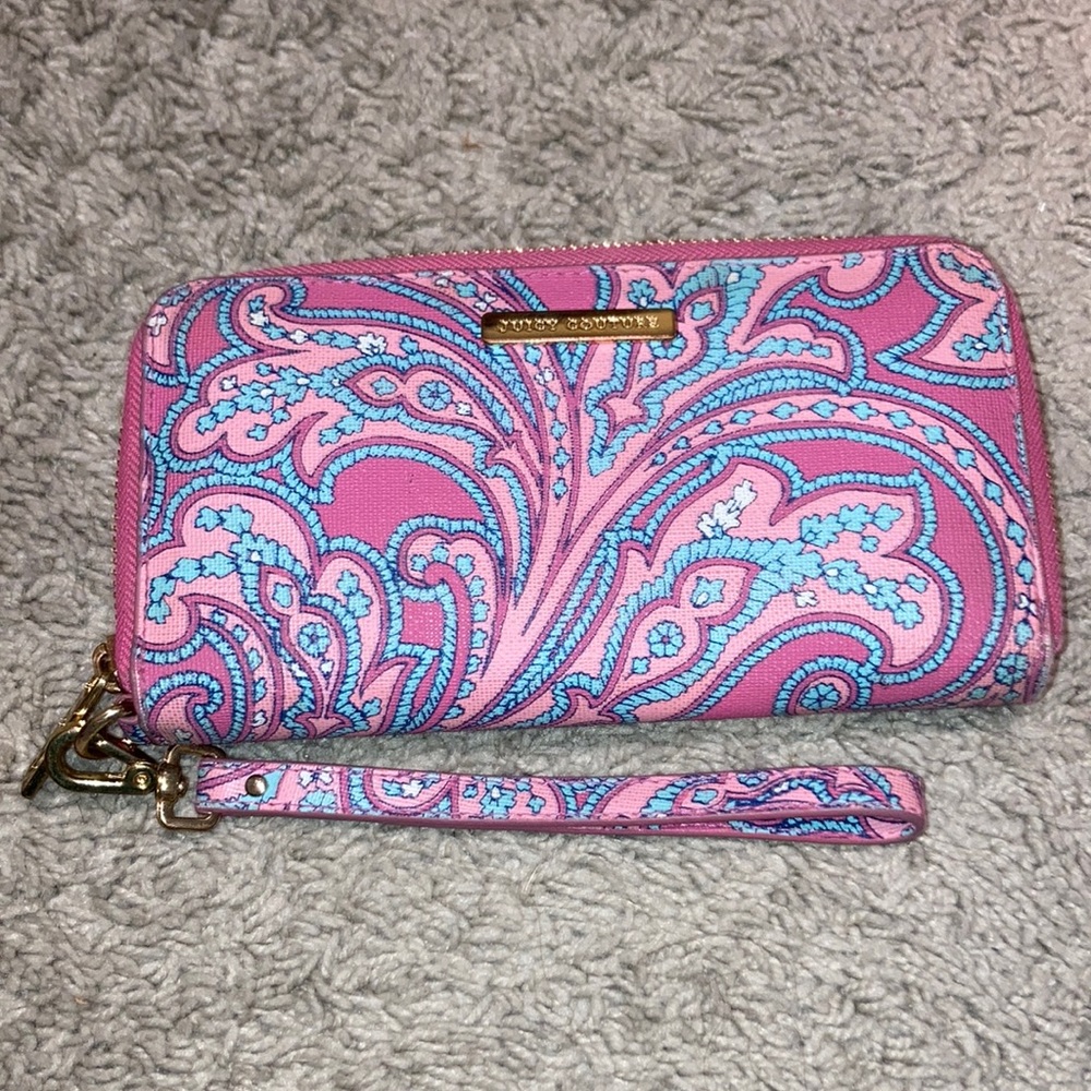 Juicy Couture Pink Paisley Zip Wristlet with Blue Accents